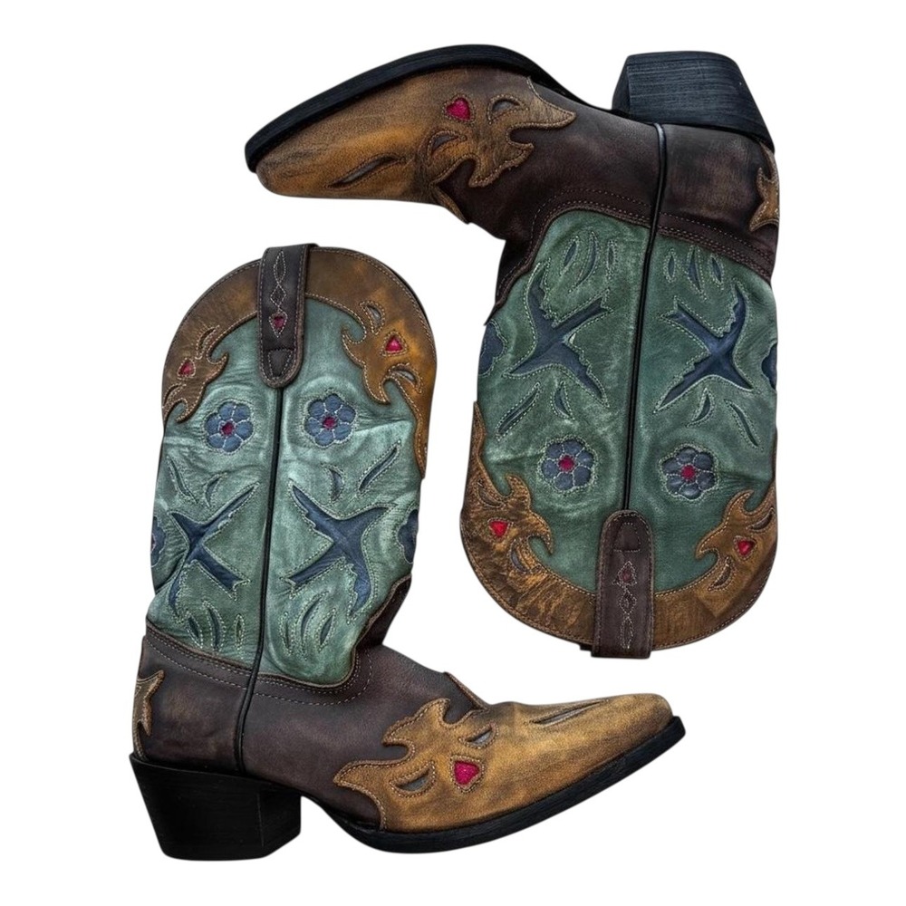 Dan Post Youth 3.5 M Cowboy Boots DPC-3151 Embroidered‎ Leather Teal Brown